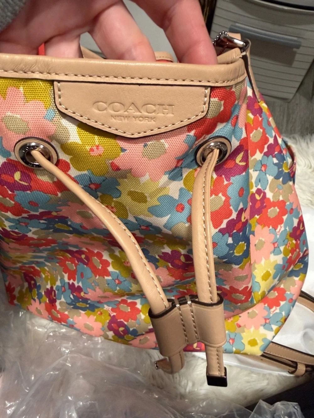 Coach Floral Drawstring Bucket Bag - Pink, Red, Blue, Yellow, Cream - Picture 11 of 15